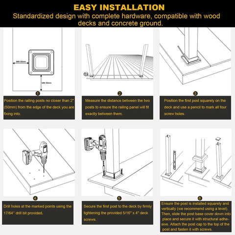 Step-by-step installation guide for Heavy Duty Three By Three Inch Aluminum Railing Post Built For Porches And Decks Holds Up To 800 Lbs Textured Black Powder Coat AAMA2604 IBC Compliant 39 Inch Height.