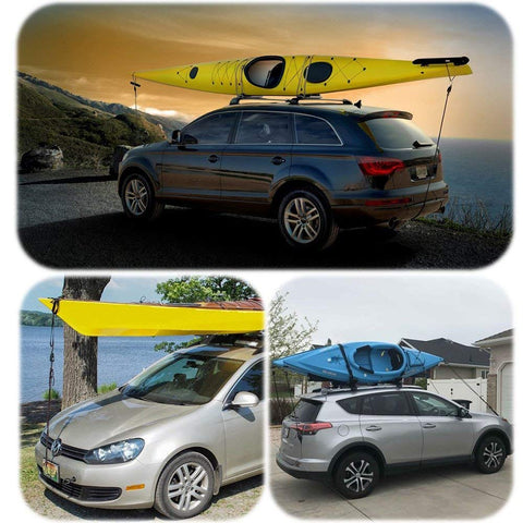 Rugged Kayak Tie Down Straps Set With Bow And Stern Tie Downs Loops And Ratchet Rope Easy Anchor Point Hanger Kit securing kayaks on car roofs
