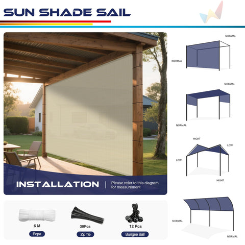 Beige 9x31 Sun Shade Sail With Grommets And D Rings For Pergola And Backyard Patio UV Blocking Breathable HDPE Fabric installation