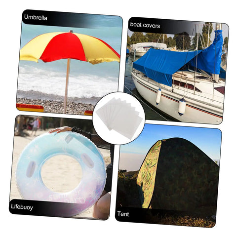 20 Piece TPU Repair Patches for Inflatable Gear and Swim Tents No Fuss Sticky Self Adhesive Transparent Patches for Quick Leak Fixes And Seam Repairs On Boats Pools Rafts And Other Air Cushioned Gear shown with various gear like umbrella, boat cover, lifebuoy, and tent
