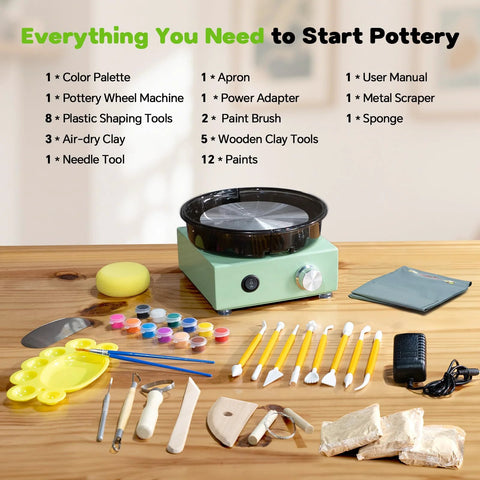 Alldeer mini pottery wheel kit, mint-green metal base with 6-inch turntable and 18 sculpting tools