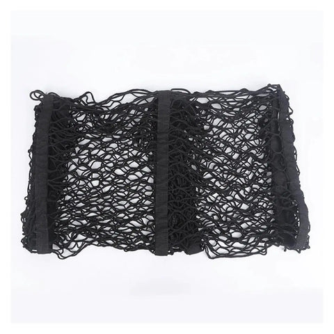 Three Pocket Trunk Cargo Net Made For Tesla Cybertruck 2024 Plus black mesh net displaying three compartments for storage.