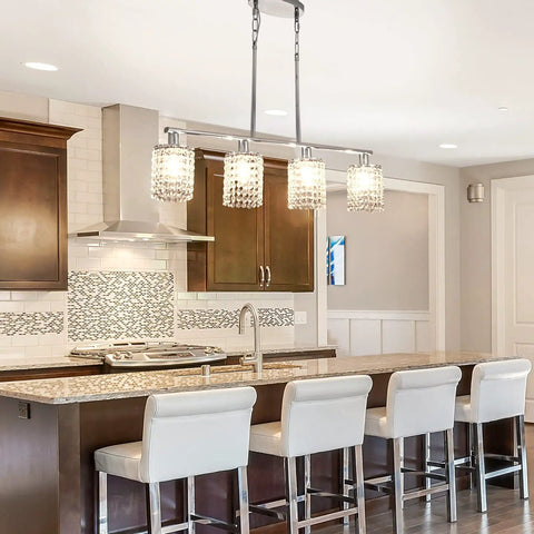 Dope Four Light Crystal Island Pendant For Kitchen And Dining Room Chrome Frame With K9 Crystals Adjustable Rods