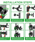 Installation steps for 2-In-1 Golf Cart Phone Holder Mount With Magnetic Base And Vise Clamp For 4.5-7 Inch Smartphones, showing clamps and ball joint.