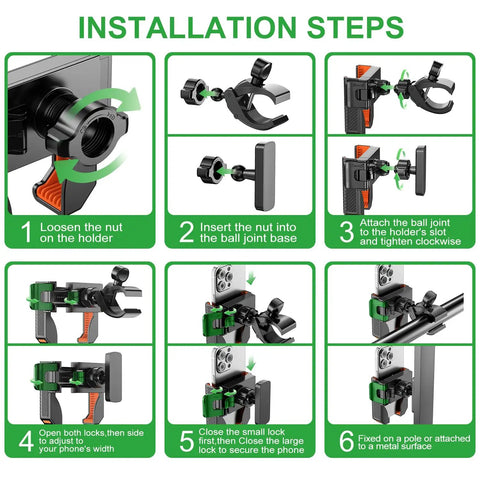 Installation steps for 2-In-1 Golf Cart Phone Holder Mount With Magnetic Base And Vise Clamp For 4.5-7 Inch Smartphones, showing clamps and ball joint.