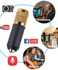 Condenser Microphone Bundle With Live Sound Card showcasing uses for streaming, recording, broadcasting, and chatting.