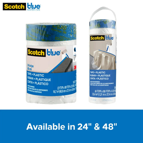 Two packs of Scotch blue paint tape with plastic duo in 24" and 48" sizes, featuring no residue finish for clean edges.
