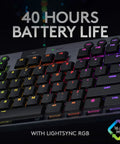 Game Changing Tenkeyless Wireless Mechanical Gaming Keyboard Featuring Crisp Tactile Switches Slick Syncable RGB Lighting Zero Lag Wireless Connection And Heavy Duty All Day Battery For Battle Ready Setups Black close-up of keys and battery life display