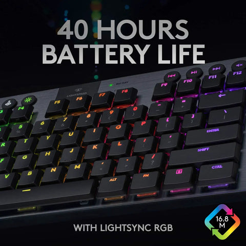 Game Changing Tenkeyless Wireless Mechanical Gaming Keyboard Featuring Crisp Tactile Switches Slick Syncable RGB Lighting Zero Lag Wireless Connection And Heavy Duty All Day Battery For Battle Ready Setups Black close-up of keys and battery life display