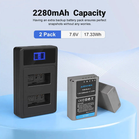 2-Pack BLN-1 Replacement Battery With Dual USB Charger For Olympus OM-D E-M1 E-M5 And Pen E-P5, 2280mAh Li-Ion Battery
