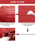 Instructional guide showing how to remove creases from Red Micro Suede Headliner Fabric With Foam Backing And Flame Retardant For Car.