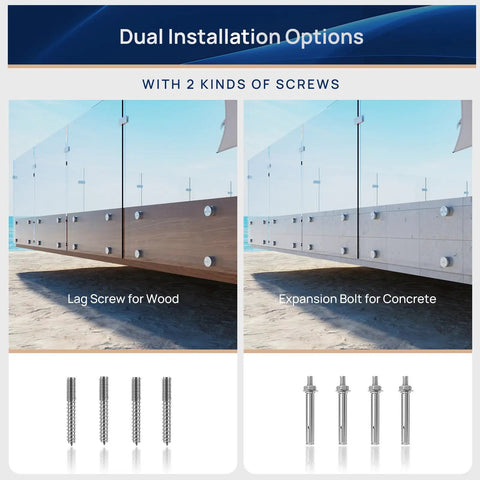 Dual installation options of 10 Pack Solid 316 Stainless Steel Glass Railing Standoff Hardware for wood and concrete