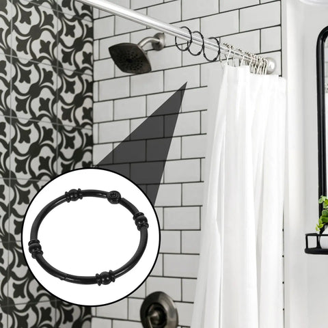 Heavy Duty Zinc Alloy Shower Curtain Rings Set, Black Hanging Hooks With Smooth Glide O Rings on bathroom rod above white curtain
