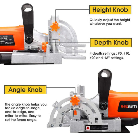 Close-up of Pro Grade Wood Biscuit Joiner Kit knobs for height, depth, and angle adjustments