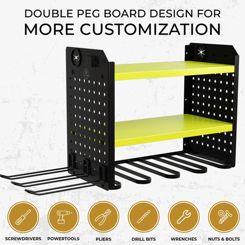 Heavy Duty Power Tool Organizer Wall Mount Three Tier Steel Rack With Six Drill Slots Dual Pegboard Sides Side By Side Modular 100 Lb Capacity For Garage And Workshop Green with visible pegboard design and tool slots.