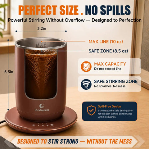 Kick The Spoon Habit With This Slick Set Of Two 10oz Self Heating Coffee Mugs Featuring Magnetized Vortex Stirring And Smart Temperature Control For Flawless Matcha Mixes And All Day Sipper Vibes showing 10oz mug with safe zones and max line metrics
