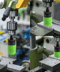 LifeIdeas bi-metal hole saw kit; green cutting bit in drill chuck cutting metal blocks.