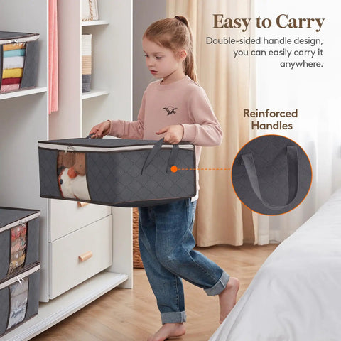 Child carrying one of the Six Pack Clothes Storage Bags Foldable Storage Bins With Reinforced Handles And Clear Window Heavy Duty Fabric Closet Organizer For Clothing And Bedding Gray.