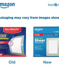 Comparison of old and new packaging for Sheer Adhesive Pad Bandages For Minor Cuts And Scrapes, Extra Large 3 X 4 In, Non Stick Pad.