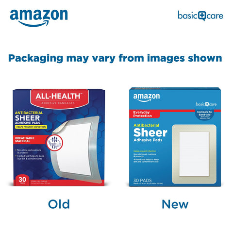 Comparison of old and new packaging for Sheer Adhesive Pad Bandages For Minor Cuts And Scrapes, Extra Large 3 X 4 In, Non Stick Pad.