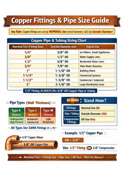 Copper fittings and pipe size guide chart showing nominal size, OD, pipe types, and 1/2" copper pipe example