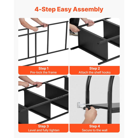 Assembly steps for Tall Freestanding Arched 4 Tier Open Storage Shelf With Heavy Duty Metal Frame Industrial Display Unit Black Book Organizer
