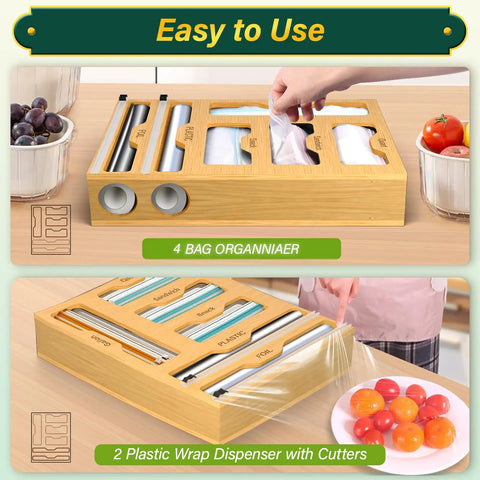 Slick Bamboo Kitchen Drawer Organizer With Plastic Wrap Dispenser And Foil Cutter, 6 In 1 Multi Size Bag Holder For Quart And Gallon Storage showcasing bag slots and dispensers.