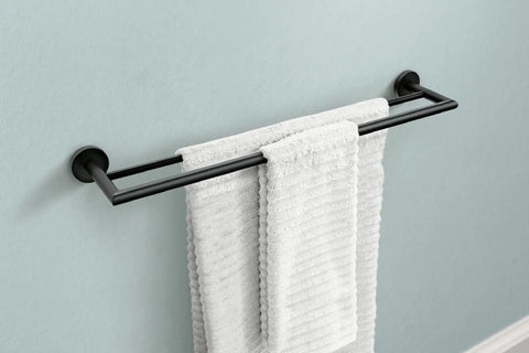 24 Inch Modern Double Towel Bar In Matte Black For A Sleek Bathroom Upgrade That Keeps Towels At Hand, Adds A Clean Industrial Look To Your Space