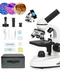 Kid-Friendly High Magnification Microscope For Adults And Kids, 100X-2000X Metal Body With Dual LED Illumination, kit components displayed