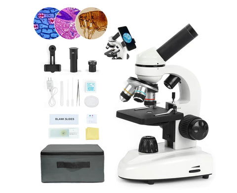 Kid-Friendly High Magnification Microscope For Adults And Kids, 100X-2000X Metal Body With Dual LED Illumination, kit components displayed