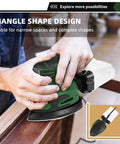 Detail Sander 13000 RPM Palm Sander 1.6A with triangular pad in use for woodworking in tight spaces