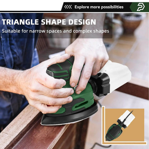 Detail Sander 13000 RPM Palm Sander 1.6A with triangular pad in use for woodworking in tight spaces