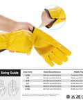 Three Pairs Unlined Cow Grain Leather Work And Driver Gloves With Cow Split Leather Palm Patch Size Large Gold CA9590 sizing guide