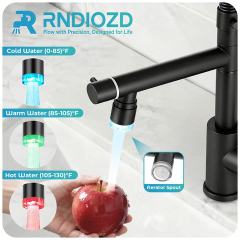 RNDIOZD LED Kitchen Faucet with Pull Down Sprayer, 2-Spout, Matte Black showing LED temperature indicator while rinsing an apple.
