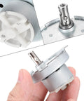 Close-up of Slow Speed 12V DC Brushed Gear Motor JS50T With D Shaft 20 RPM CW CCW for display stands and DIY projects