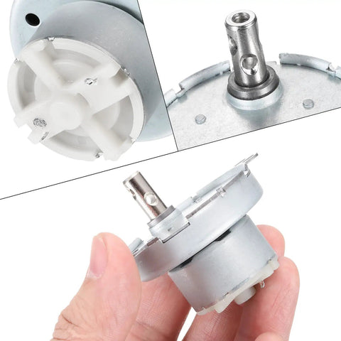 Close-up of Slow Speed 12V DC Brushed Gear Motor JS50T With D Shaft 20 RPM CW CCW for display stands and DIY projects