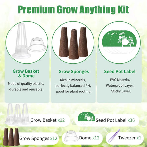 Grow Anything Indoor Hydroponics Kit For Garden Nerds with 12 grow sponges, 36 pod labels, 12 plant baskets domes displayed