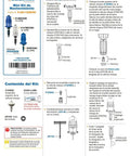 Dosatron mini maintenance kit contents and instructions for D14MZ300 and D8RE3000 dosing systems, parts labeled in Spanish chart.