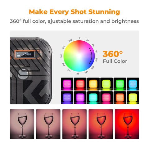 RGB Video Light 360 Degree Full Color Portable Photography Light with display showing settings and color palette