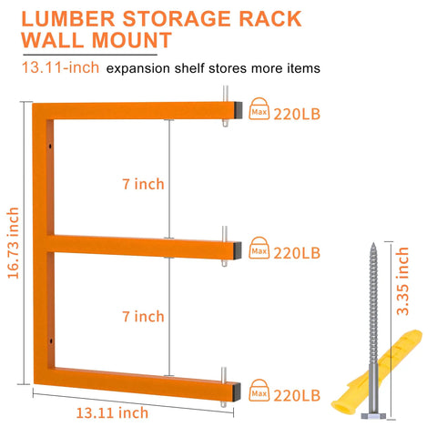 Wall Mounted Lumber Storage Rack With Six Tier System, Orange rack dimensions and load capacity details, 3 expansion shelves.