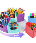 Lazy Susan Art Supply Caddy With Nine Handy Compartments Built For Student Desks And Classrooms Slick Spin Craft markers, pencils, and scissors.