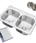 50/50 Built Tough Double-Bowl Stainless Steel Kitchen Sink, 33 By 22 By 9 Inches, with strainer and silicone dish rack set
