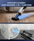 Cordless Car Vacuum And Air Duster 18000Pa Beast Mode Power Handheld Vacuum cleaning floor and blowing air on a fan