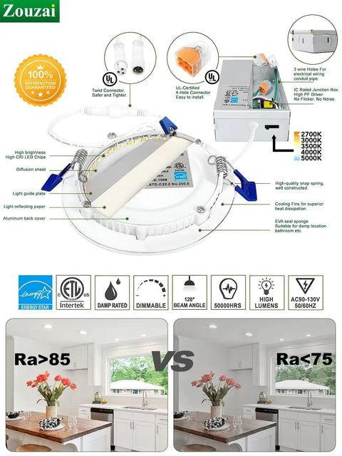 Diagram of 12 Pack 6 Inch Ultra Thin LED Recessed Ceiling Lights With Junction Box 5CCT Selectable 2700K To 5000K Dimmable 12W Equivalent