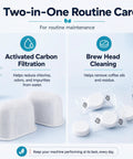 2 Water Filters And 16 Cleaning Tablets For Ninja Luxe Cafe Espresso Machine Replacement Kit showing carbon filters and cleaning tablets.