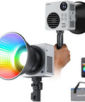 RGBWW LED Video Light With 72Wh Battery And 100W PD Fast Charging, handheld, displaying rainbow colors, Bowens mount.