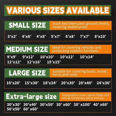 Various sizes available chart for Heavy Duty Waterproof Tarp 24x36 Feet 10 Mil Thick Multipurpose Cover With Metal Grommets And Reinforced Edges UV Resistant Silver Brown Tarp For Outdoor Use Camping Construction Roofing And Poolside Projects
