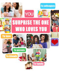 Collage of people exchanging gifts with text 'Surprise the one who loves you' and family, friends, colleagues labels.