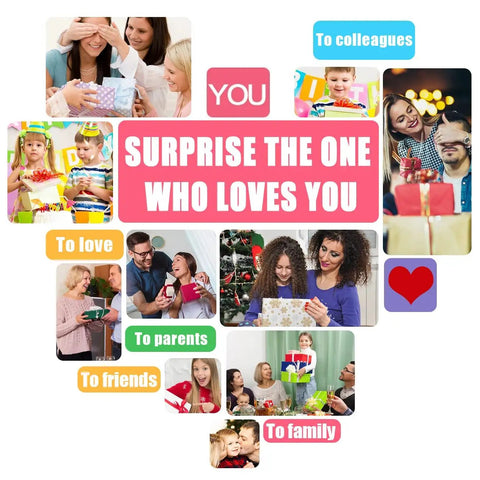 Collage of people exchanging gifts with text 'Surprise the one who loves you' and family, friends, colleagues labels.