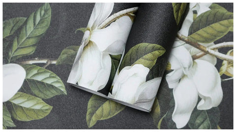 Peel And Stick Gardenia Floral Wallpaper Removable Vinyl Self Adhesive Mural Black White Green 17.7in By 32.8ft Roll Easy Install